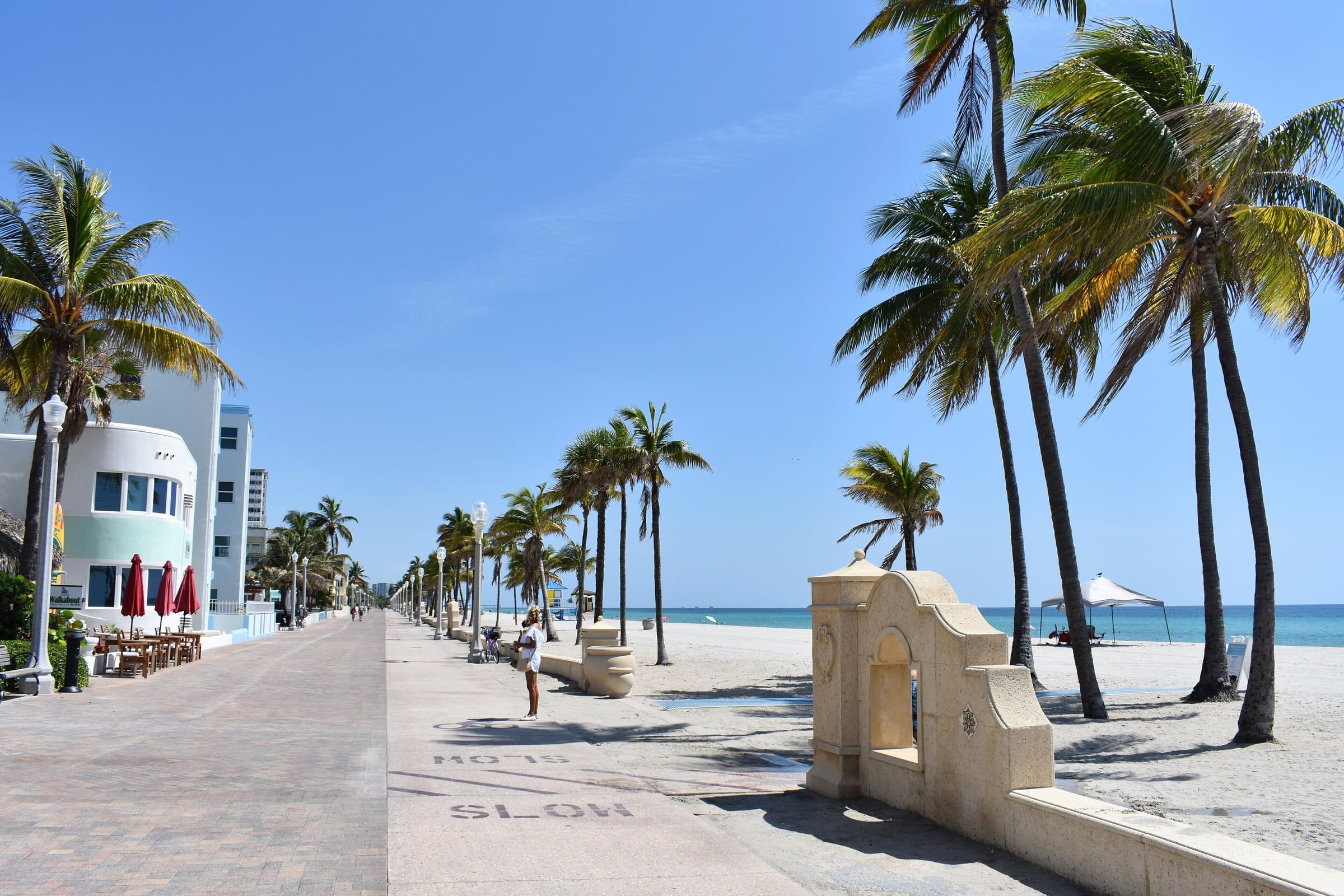 Hollywood Beach Broadwalk with palm trees and the ocean